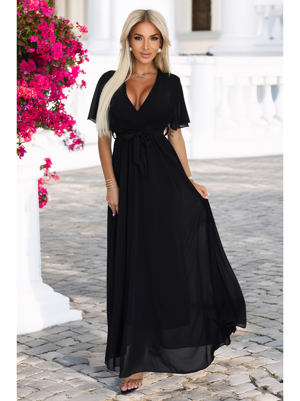 numoco Дълга рокля с плисирано деколте и връзване - черна