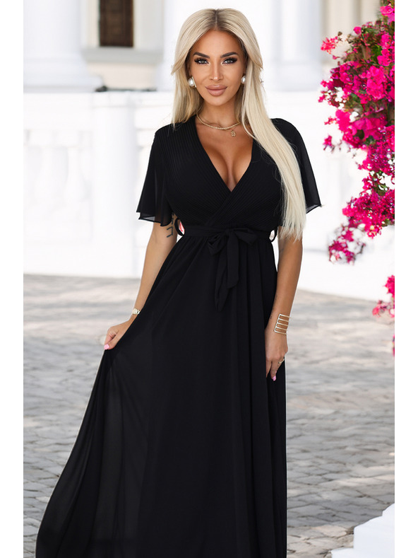numoco Дълга рокля с плисирано деколте и връзване - черна