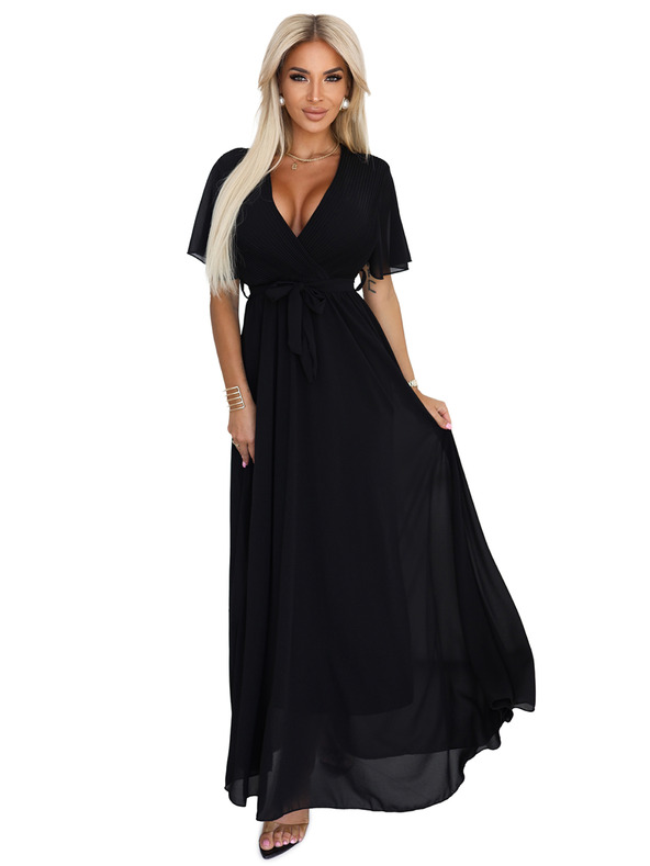 numoco Дълга рокля с плисирано деколте и връзване - черна