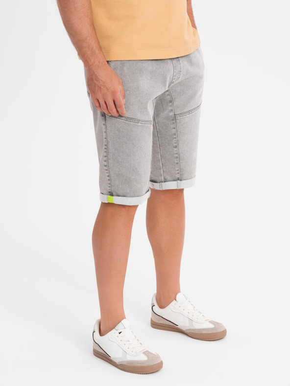 Ombre Clothing Мъжки дънкови шорти с декоративно прошиване - светло сиви