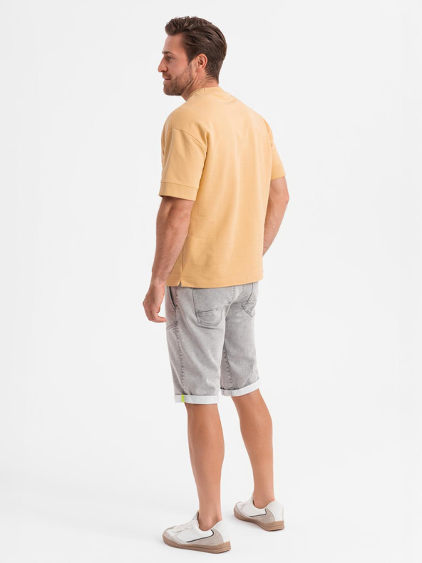 Ombre Clothing Мъжки дънкови шорти с декоративно прошиване - светло сиви