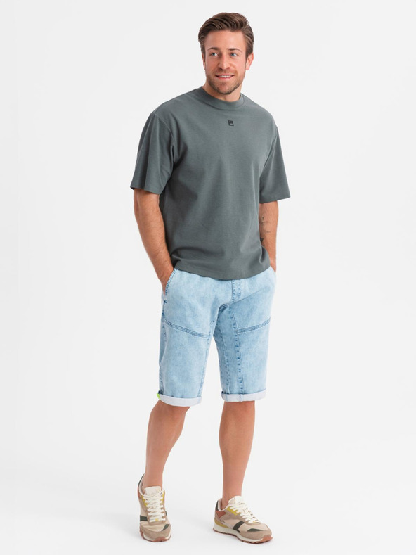 Ombre Clothing Мъжки къси дънкови панталони с декоративно прошиване - светлосини