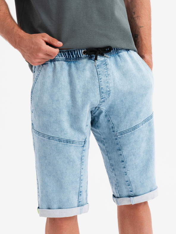 Ombre Clothing Мъжки къси дънкови панталони с декоративно прошиване - светлосини