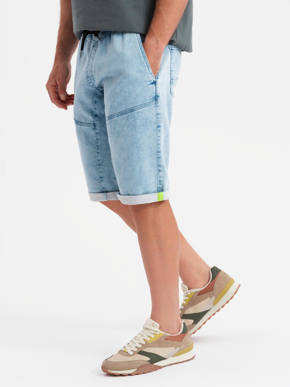 Ombre Clothing Мъжки къси дънкови панталони с декоративно прошиване - светлосини