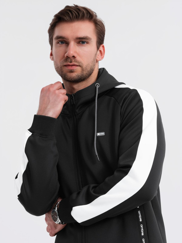 Ombre Clothing Мъжки суитшърт с цип, качулка и кант - черен