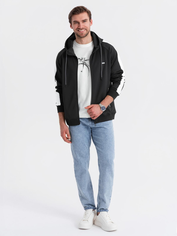 Ombre Clothing Мъжки суитшърт с цип, качулка и кант - черен
