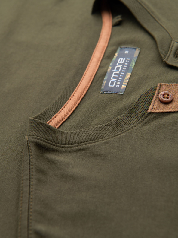 Ombre Clothing Мъжка тениска с копчета и велурен кант - тъмно маслинено зелена