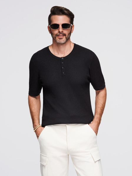 Ombre Clothing Мъжка плетена тениска с копчета при деколтето - черна