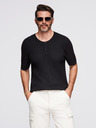 Ombre Clothing Мъжка плетена тениска с копчета при деколтето - черна