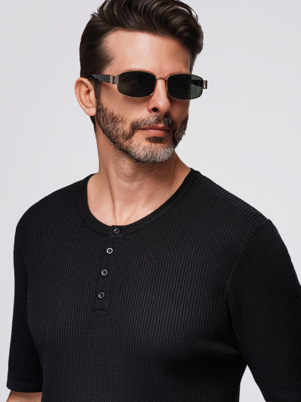 Ombre Clothing Мъжка плетена тениска с копчета при деколтето - черна