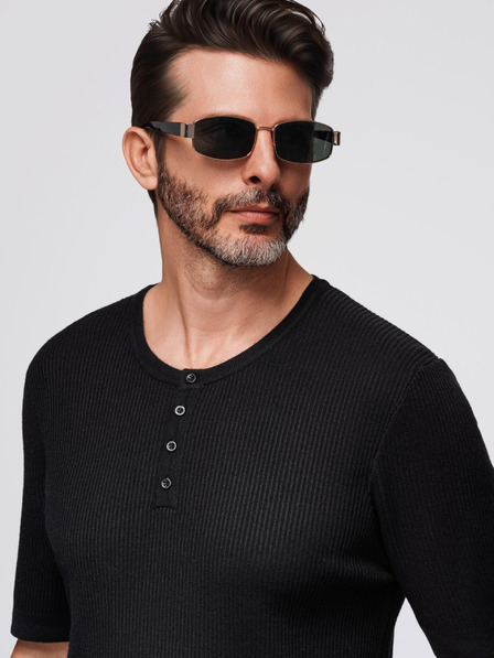 Ombre Clothing Мъжка плетена тениска с копчета при деколтето - черна