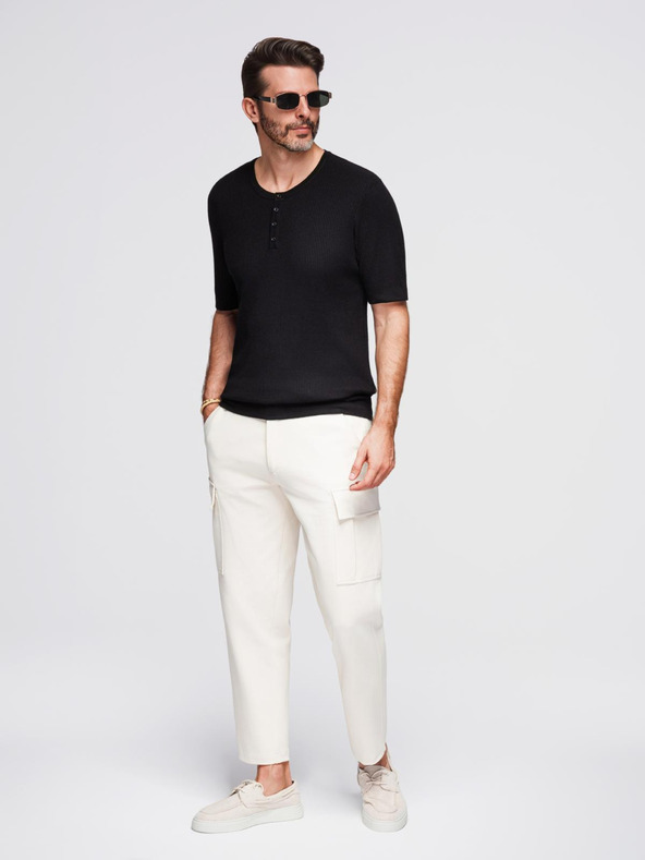 Ombre Clothing Мъжка плетена тениска с копчета при деколтето - черна