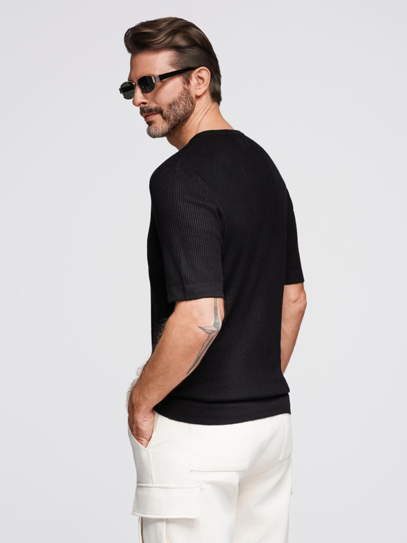 Ombre Clothing Мъжка плетена тениска с копчета при деколтето - черна