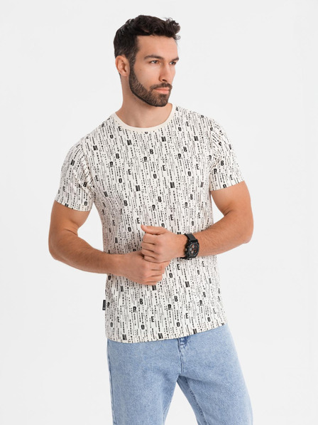 Ombre Clothing Памучна тениска с печат и кръгло деколте - кремава