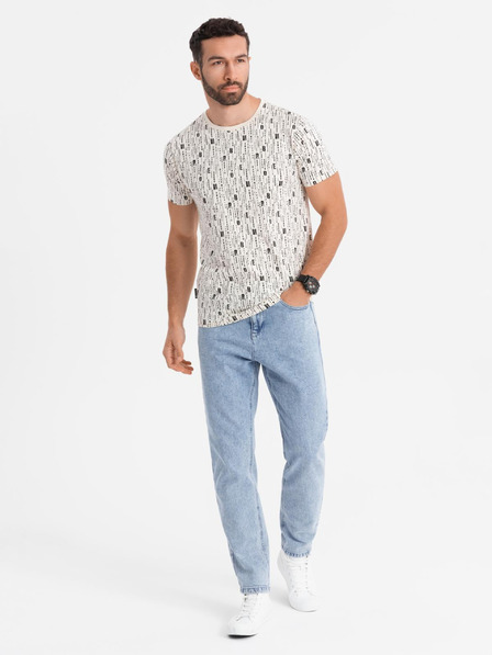 Ombre Clothing Памучна тениска с печат и кръгло деколте - кремава