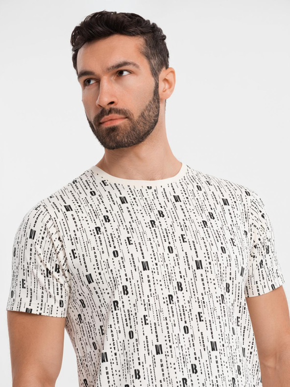 Ombre Clothing Памучна тениска с печат и кръгло деколте - кремава