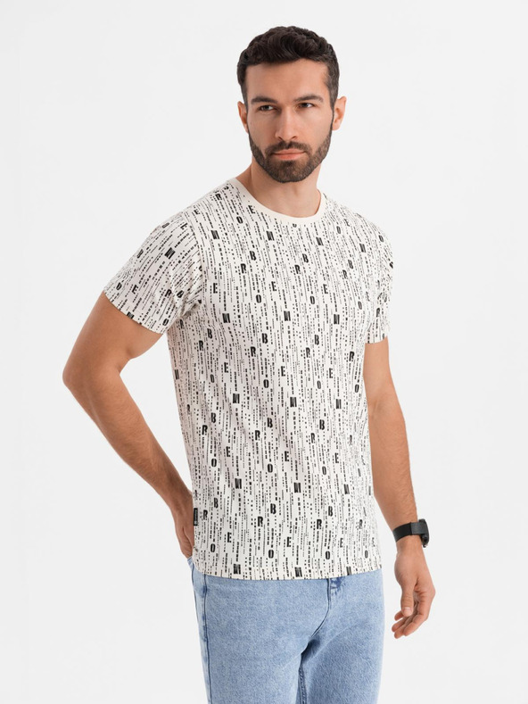 Ombre Clothing Памучна тениска с печат и кръгло деколте - кремава