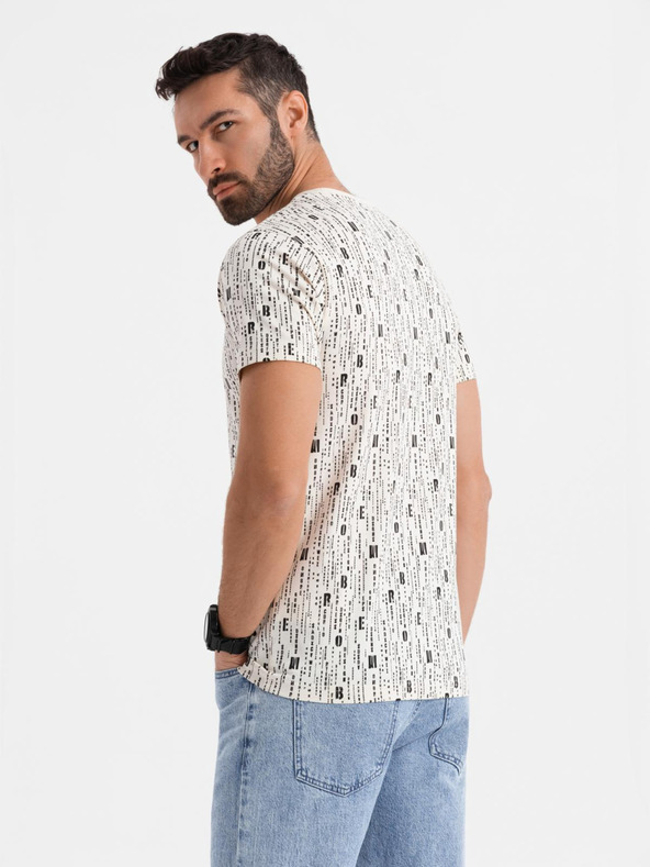 Ombre Clothing Памучна тениска с печат и кръгло деколте - кремава