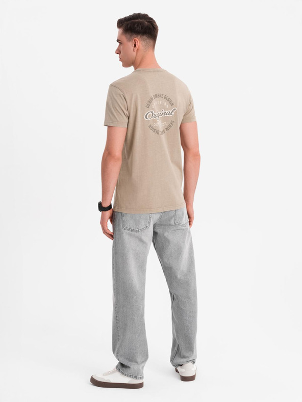 Ombre Clothing Памучна тениска с печат на гърдите и гърба - тъмно бежова