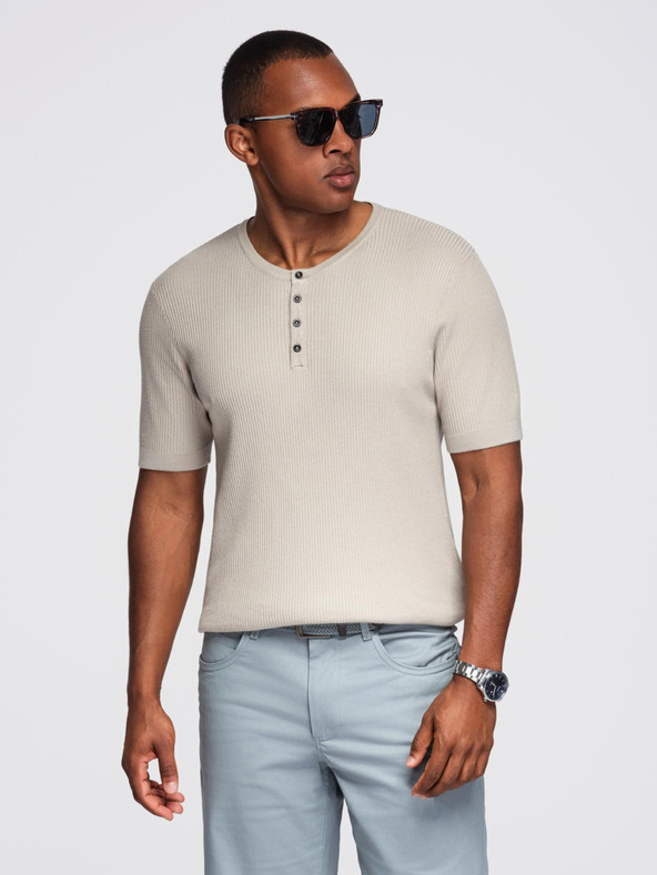 Ombre Clothing Мъжка плетена тениска с копчета при деколтето - светлосива