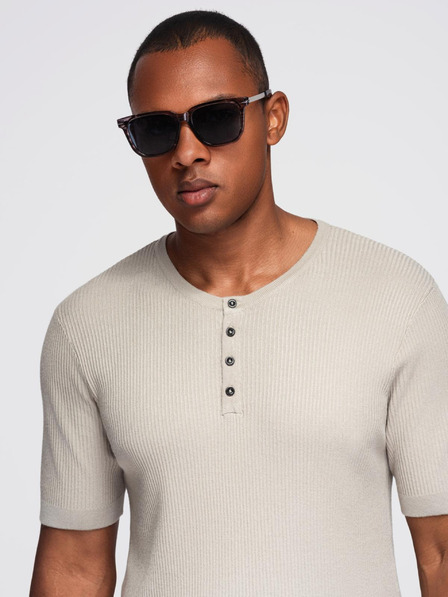 Ombre Clothing Мъжка плетена тениска с копчета при деколтето - светлосива