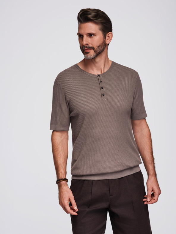 Ombre Clothing Мъжка плетена тениска с копчета при деколтето - сива