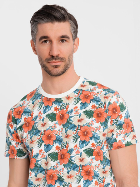 Ombre Clothing Мъжка памучна тениска с цветен мотив и цялостен печат - бяла