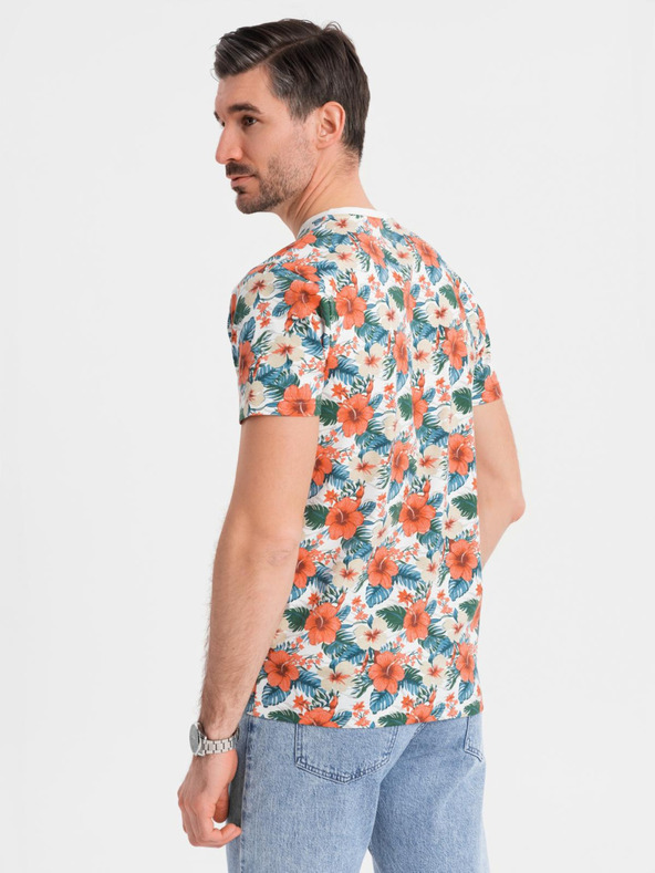 Ombre Clothing Мъжка памучна тениска с цветен мотив и цялостен печат - бяла