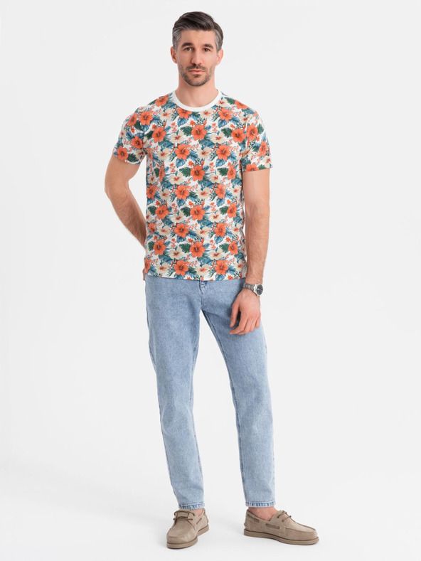 Ombre Clothing Мъжка памучна тениска с цветен мотив и цялостен печат - бяла