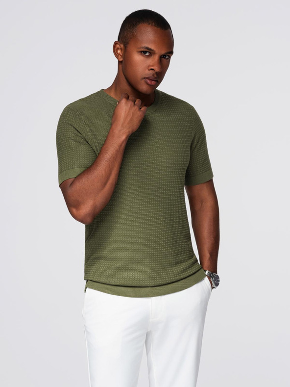 Ombre Clothing Мъжка структурирана плетена тениска - маслинена