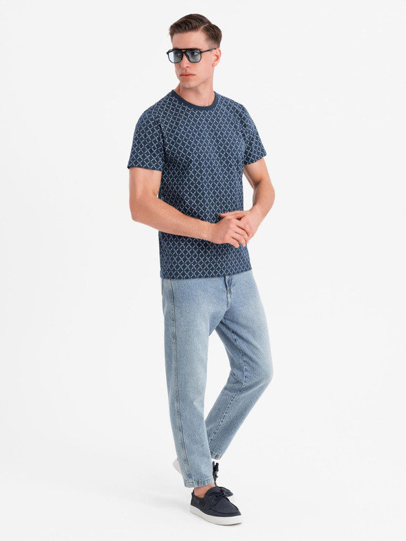 Ombre Clothing Мъжка плетена тениска с цялостен печат - тъмносиня