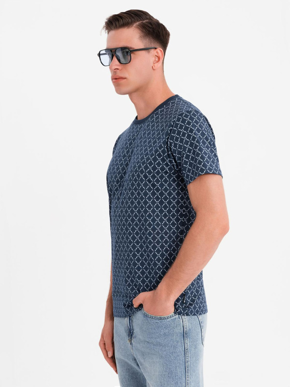 Ombre Clothing Мъжка плетена тениска с цялостен печат - тъмносиня