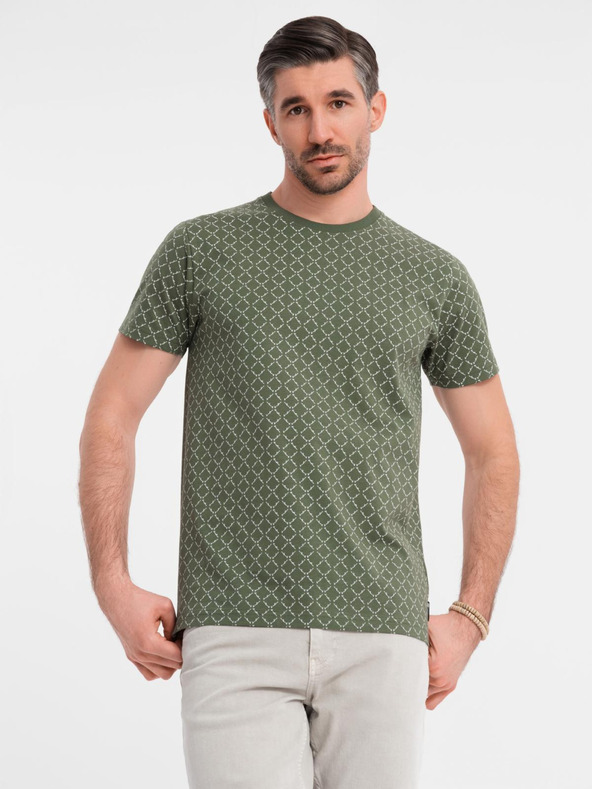 Ombre Clothing Мъжка плетена тениска с цялостен печат - маслинена