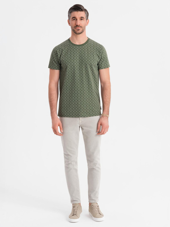 Ombre Clothing Мъжка плетена тениска с цялостен печат - маслинена