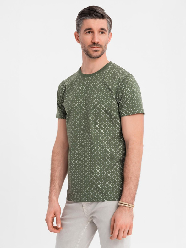 Ombre Clothing Мъжка плетена тениска с цялостен печат - маслинена