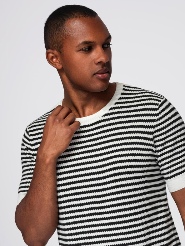 Ombre Clothing Мъжка моряшка раирана плетена тениска с ажурна плетка - черно-бяла