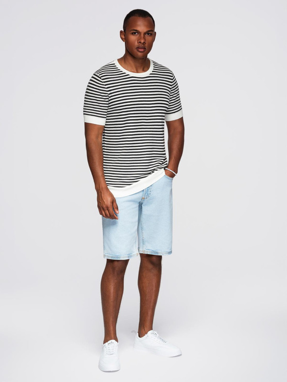 Ombre Clothing Мъжка моряшка раирана плетена тениска с ажурна плетка - черно-бяла