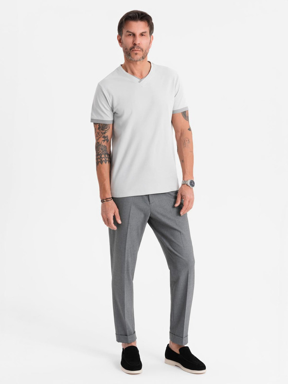 Ombre Clothing Мъжка тениска с контрастни вставки и V-образно деколте - светлосива