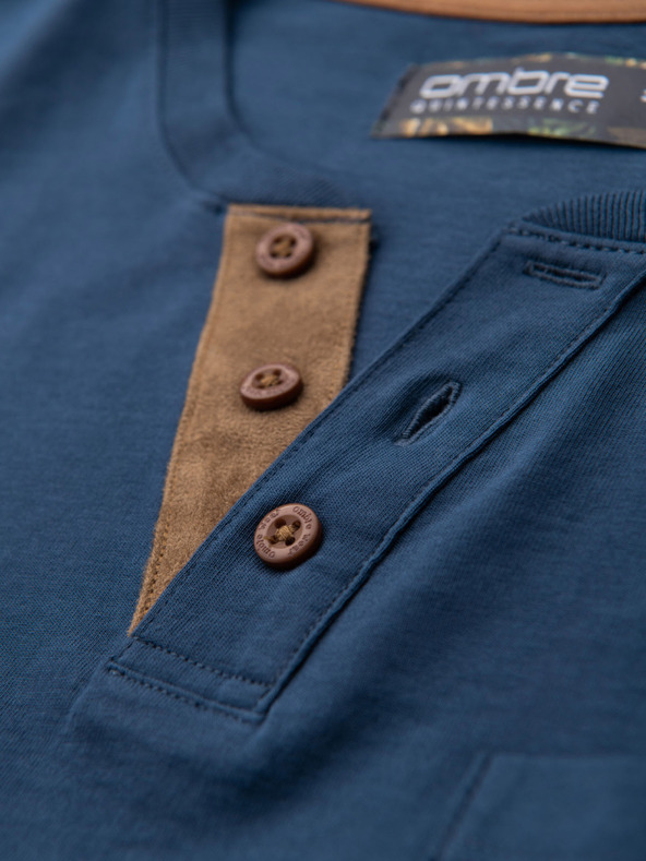 Ombre Clothing Мъжка тениска с копчета и велурен ръб - тъмносиня