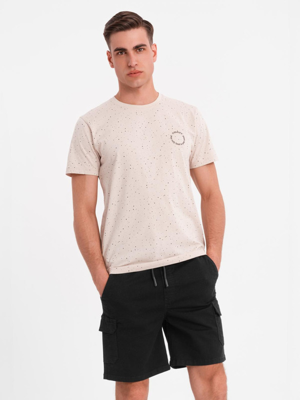 Ombre Clothing Мъжка памучна тениска с печат и кръгло деколте - бежова