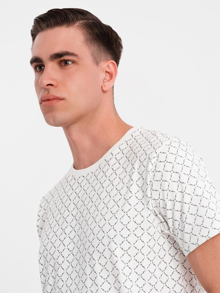 Ombre Clothing Мъжка плетена тениска с цялостен печат - бяла