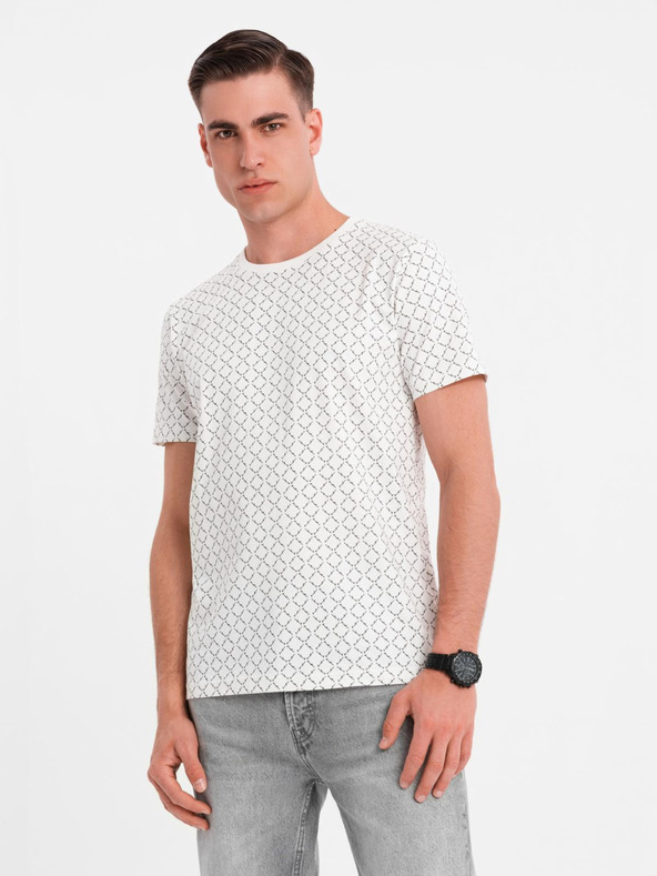 Ombre Clothing Мъжка плетена тениска с цялостен печат - бяла