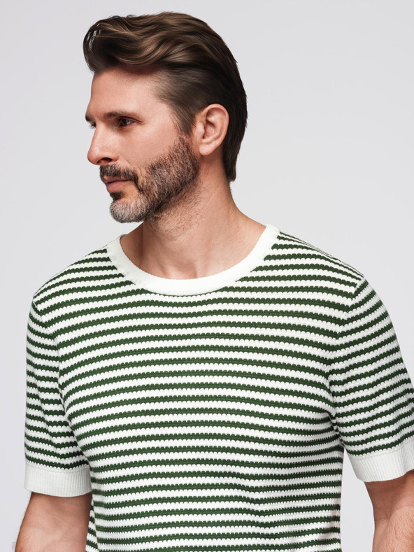 Ombre Clothing Мъжка морска раирана плетена тениска с ажурна плетка - маслинена и бяла