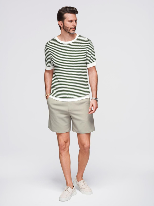 Ombre Clothing Мъжка морска раирана плетена тениска с ажурна плетка - маслинена и бяла