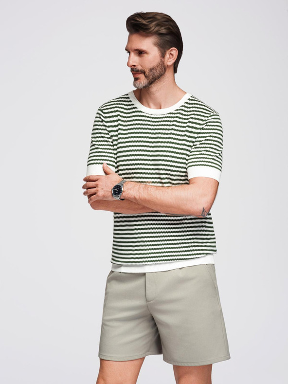 Ombre Clothing Мъжка морска раирана плетена тениска с ажурна плетка - маслинена и бяла