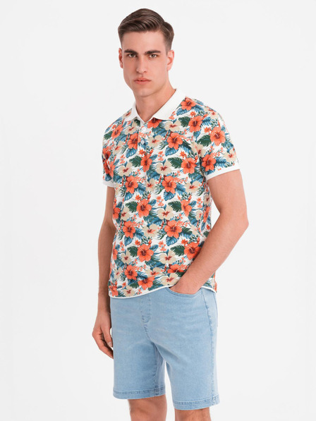 Ombre Clothing Памучна поло риза с цветен печат - бяла