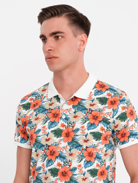 Ombre Clothing Памучна поло риза с цветен печат - бяла