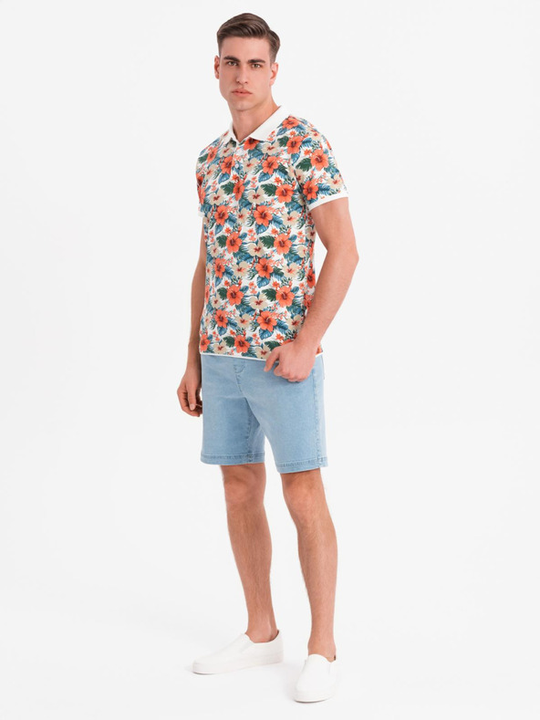 Ombre Clothing Памучна поло риза с цветен печат - бяла