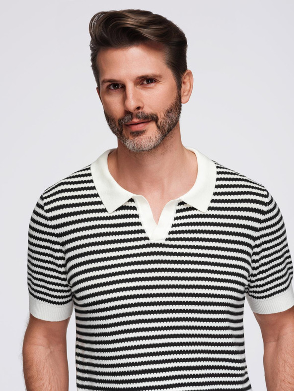 Ombre Clothing Мъжка плетена поло риза без копчета с морски ивици - черно-бяла