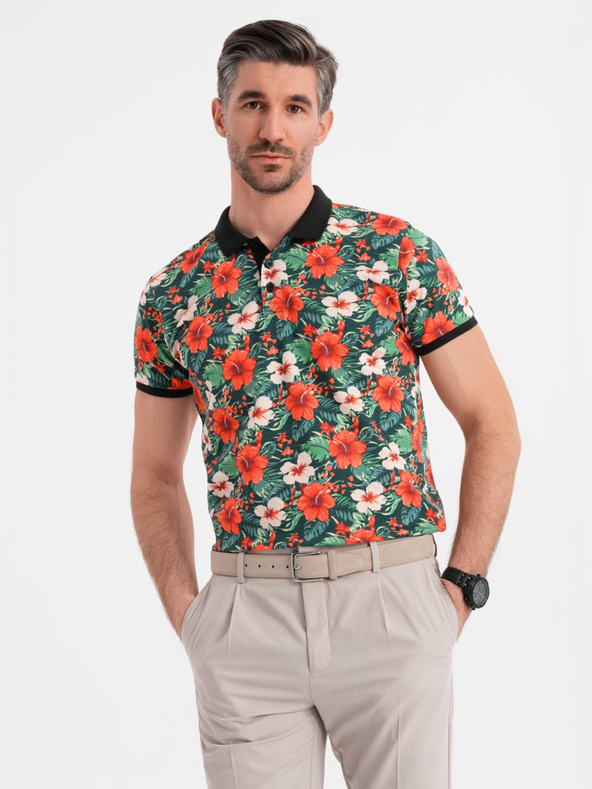 Ombre Clothing Памучна поло риза с цветен печат - черна